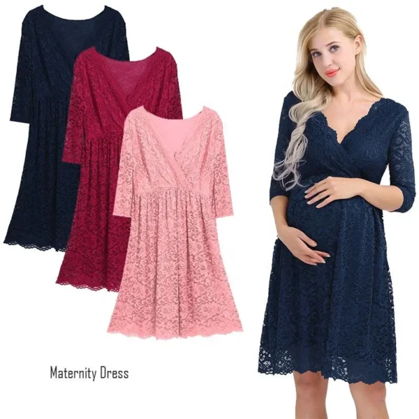 Womens Maternity Elegant Floral Lace Overlay V Neck Half Sleeve Knee Length Pregnant Photography Dress - Image 5