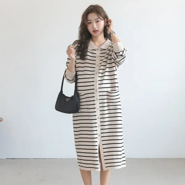 Autumn new maternity dress fashionable fashionable POLO collar striped dress mid-length fashionable hot mom knitted open dress - Image 6