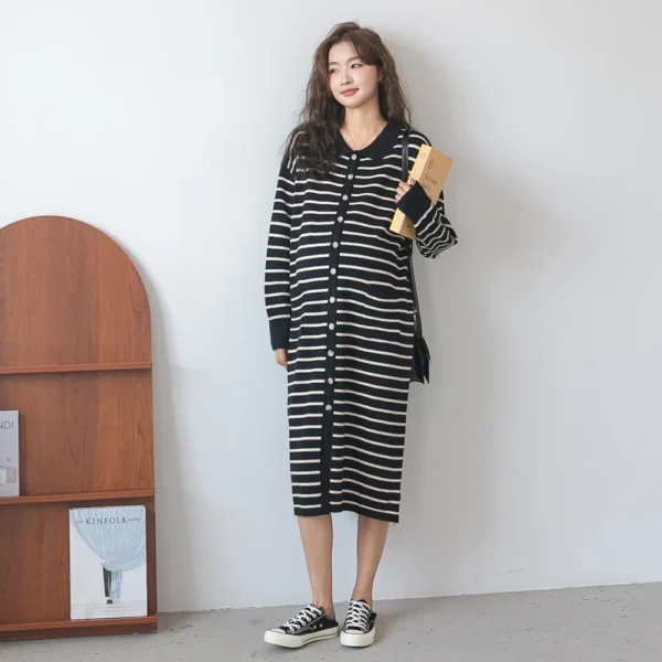 Autumn new maternity dress fashionable fashionable POLO collar striped dress mid-length fashionable hot mom knitted open dress - Image 3