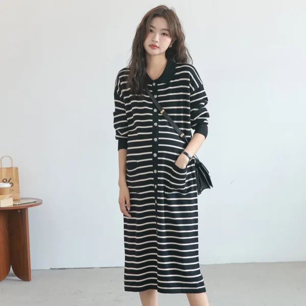 Autumn new maternity dress fashionable fashionable POLO collar striped dress mid-length fashionable hot mom knitted open dress - Image 5