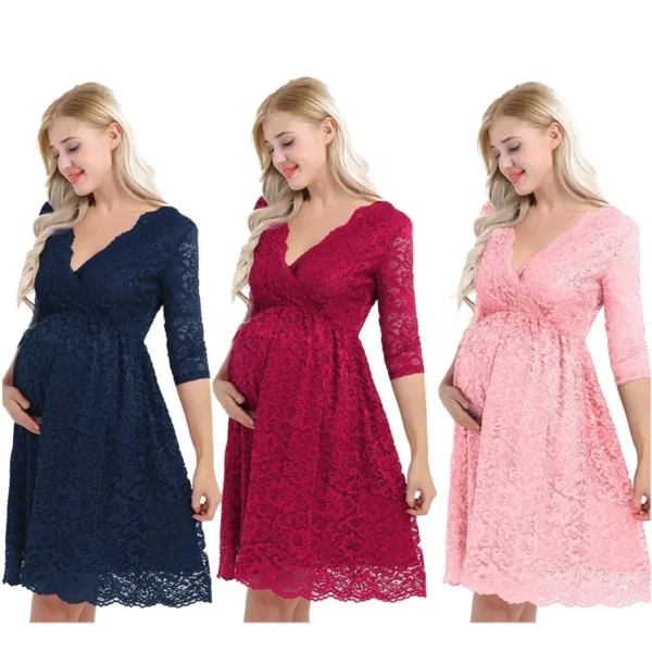 Womens Maternity Elegant Floral Lace Overlay V Neck Half Sleeve Knee Length Pregnant Photography Dress - Image 6