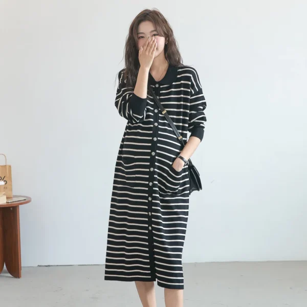 Autumn new maternity dress fashionable fashionable POLO collar striped dress mid-length fashionable hot mom knitted open dress