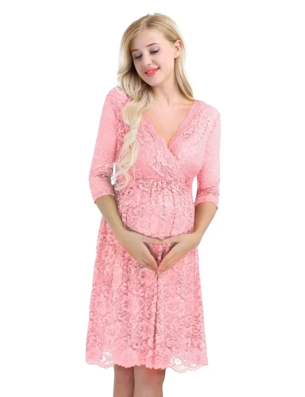 Womens Maternity Elegant Floral Lace Overlay V Neck Half Sleeve Knee Length Pregnant Photography Dress - Image 2